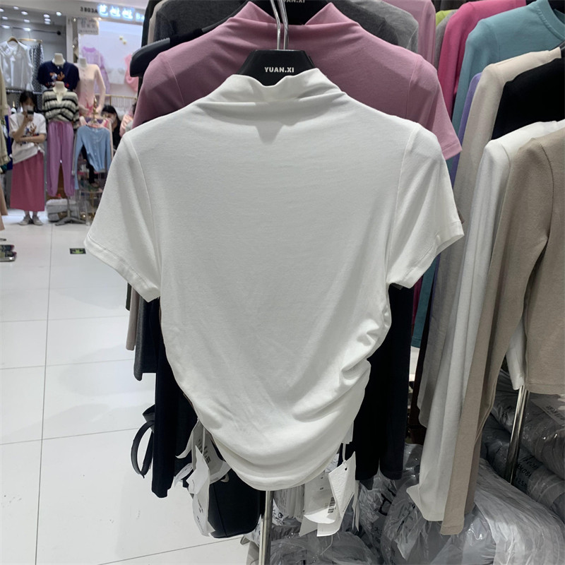 元熙yuanxi短袖t恤女装春季新款韩版皱褶显瘦修身休闲半高领上衣