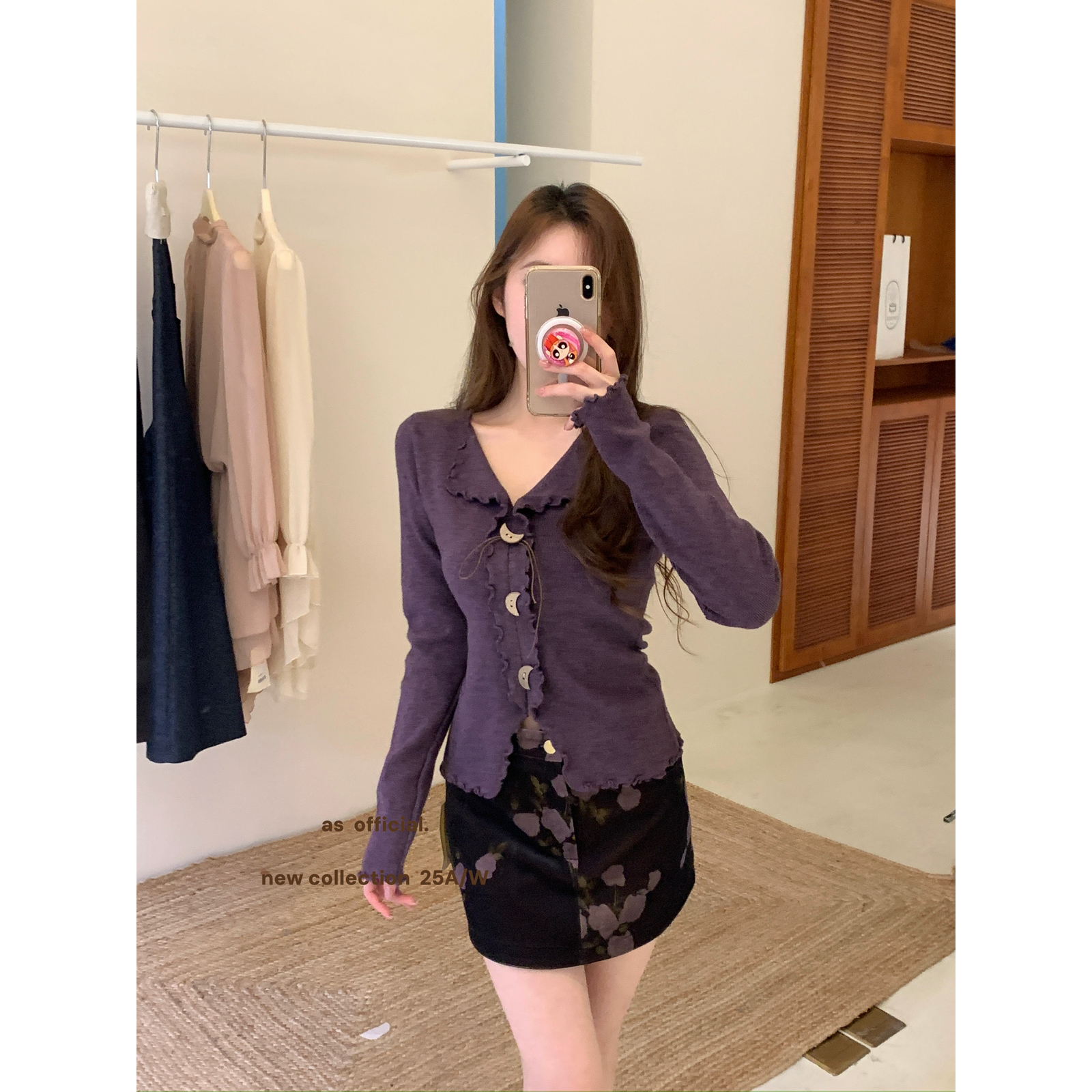 AS OFFICIAL十三行秋季法式显瘦不规则木耳边V领针织上衣女13926