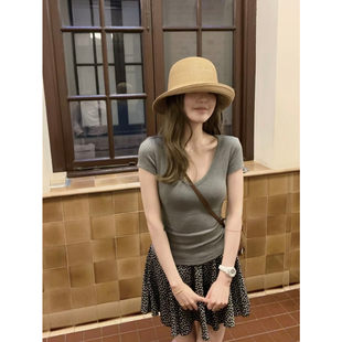 元熙-十三行夏季纸片人U领自带收腰显瘦短袖T恤休闲风上衣女26335