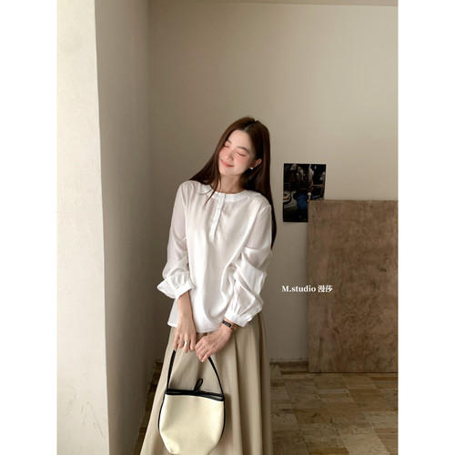 MSTUDIO十三行秋季设计感莱赛尔扣子气质简约宽松长袖衬衫女C7638