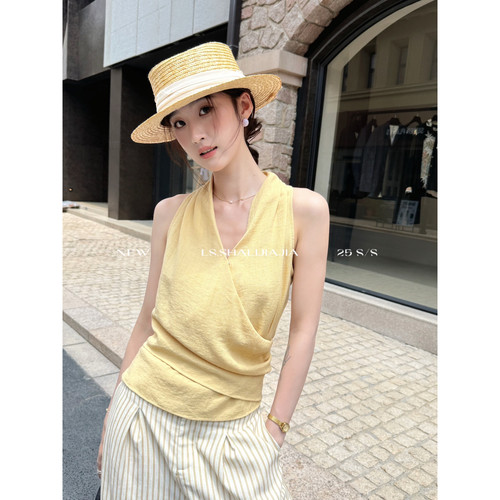 后背抽绳无袖休闲挂脖背心上衣女