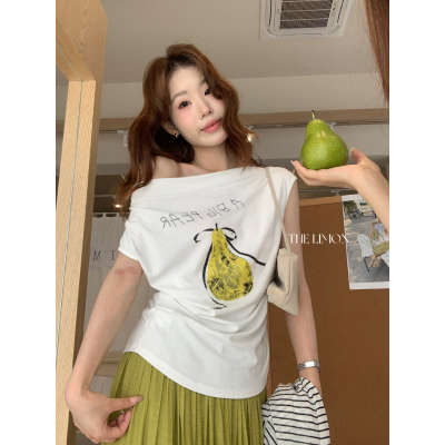 The limon柠檬绿茶夏季透气舒适减龄修身显瘦印花短袖T恤女10736