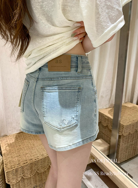 AS OFFICIAL夏季新款高腰显瘦后口袋字母刺绣浅蓝牛仔短裤女50328