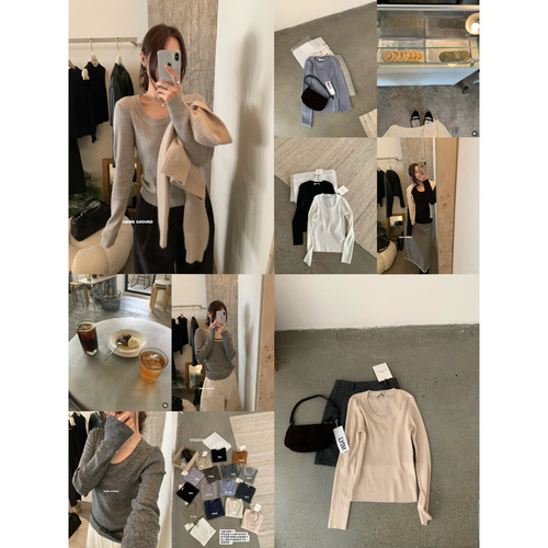 IMISS十三行秋季新款韩系显瘦百搭纯色U领针织打底衫上衣女S01606