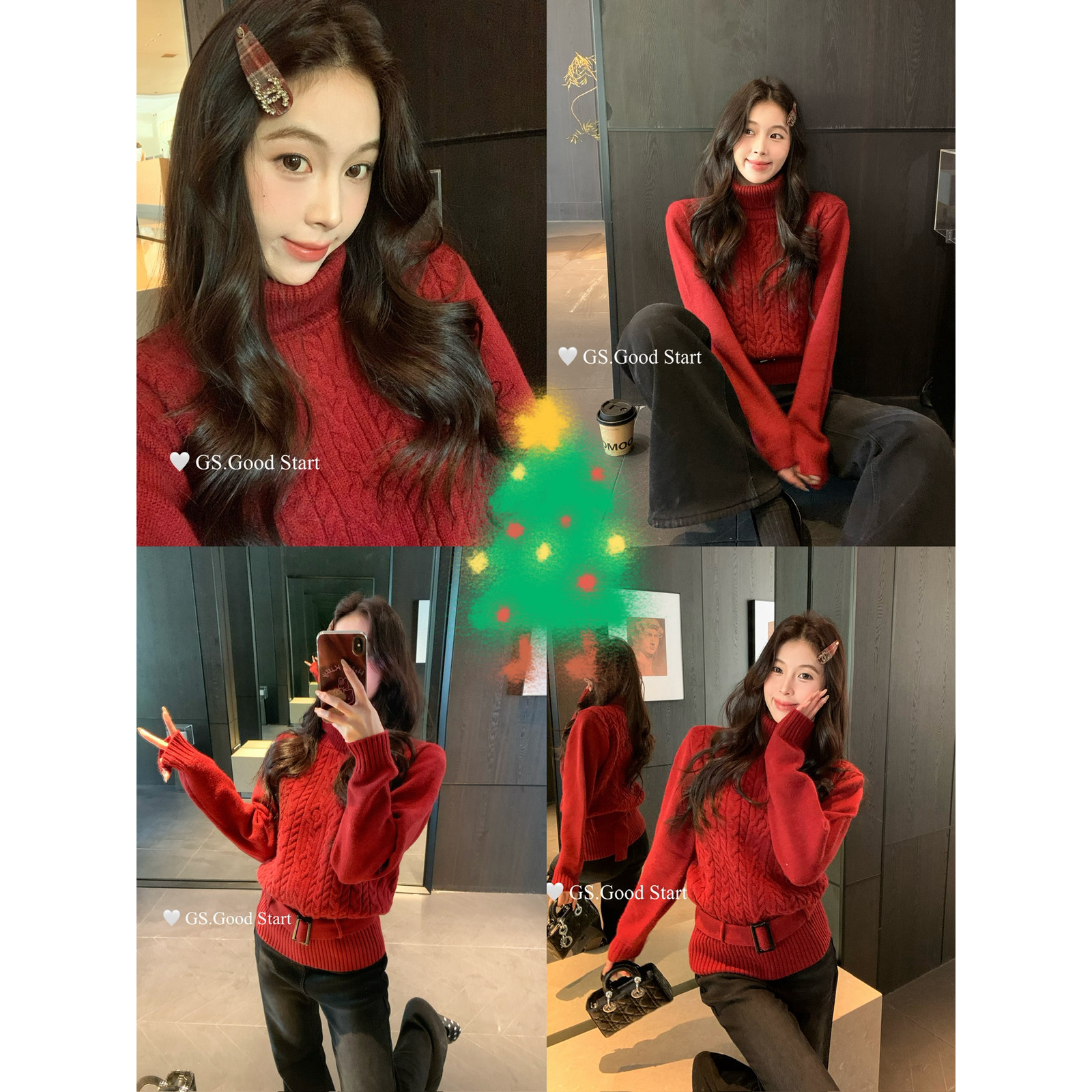 GS.GOOD START冬季时髦高领麻花收腰保暖毛衣女配可拆卸绑带G7712