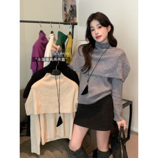 6869 女00 THE LIMON柠檬绿茶气质斗篷披肩圆领打底上衣两件套套装