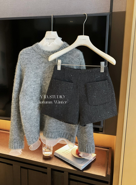 Y.JIA伊嘉十三行秋冬复古亮片百搭短款加厚毛呢休闲短裤女9629-5