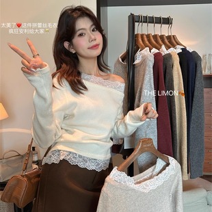 THE LIMON春秋新款法式温柔蕾丝拼接一字领针织衫女长袖打底上衣