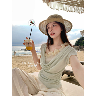 GS.GOOD START十三行夏季气质浪漫木耳边撞色假两件上衣女N0906W