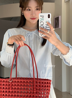 LEMMY十三行早秋新款法式减龄蕾丝钩花设计感蝴蝶结泡泡袖衬衫女