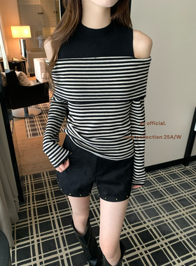 AS OFFICIAL十三行秋季显瘦设计感露肩撞色拼接针织衫上衣女13808