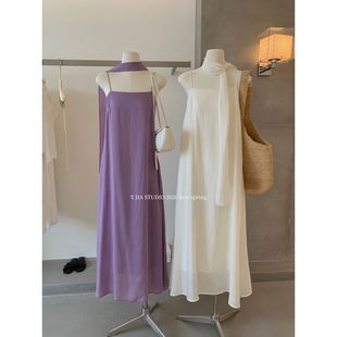 Y.JIA 吊带连衣裙女春配飘带1159 伊嘉十三行冷淡风高级感度假长款