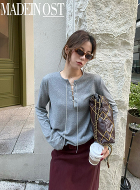 MADEIN OST-十三行秋季新款慵懒风棉麻感绳子绑带长袖T恤女57282