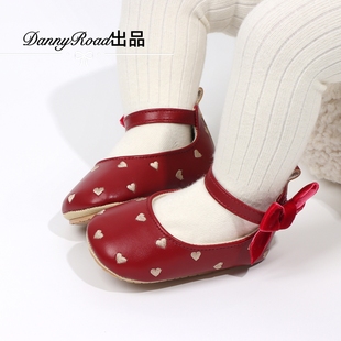 春秋新款婴儿鞋公主鞋红色爱心蝴蝶结脚踝防滑学步鞋0-1岁皮鞋