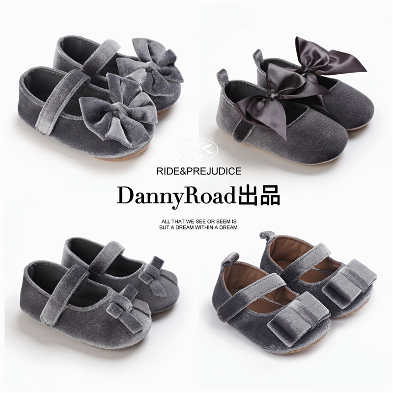 春季宝宝鞋婴儿鞋丝绒公主鞋灰色软底防滑0-1岁女宝可爱学步鞋
