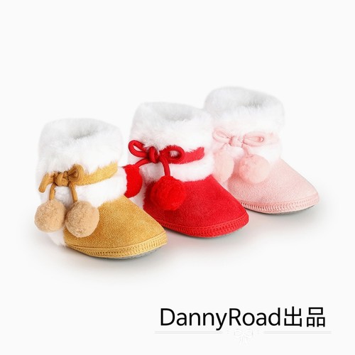 冬季婴儿鞋加绒棉靴球球大红软底学步鞋0-1岁宝宝鞋过年鞋喜庆