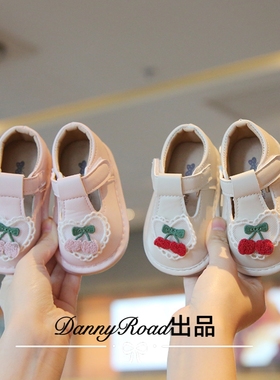 秋季新款宝宝鞋学步鞋叫叫鞋公主鞋小皮鞋蕾丝樱桃粉红色软底防滑