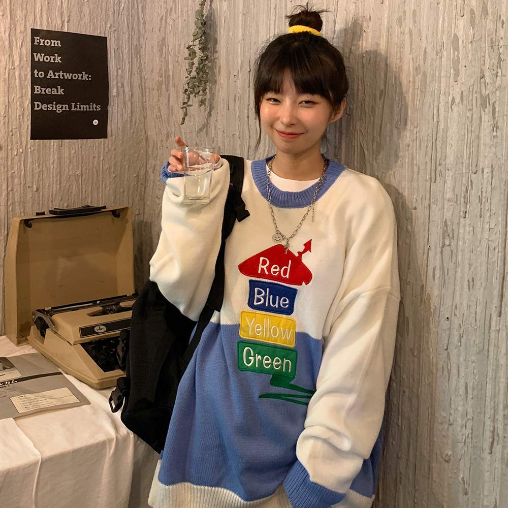 實拍實價~！！韓風復古刺繡學院字母針織衫毛衣女