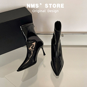 羊皮版 尖头高跟短靴女2025秋冬法式 细跟弹力瘦瘦靴气质小踝靴子