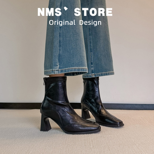 法式方头粗跟短靴女2025秋冬加绒新款黑瘦瘦靴气质高跟洋气小靴子