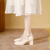 真皮玛丽珍绑带高跟鞋 配裙子晚风休闲单鞋 女2025春秋新款 粗跟法式