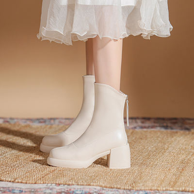 白色短靴女韩系小裸靴真皮~