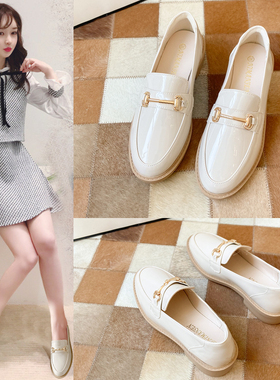 真皮杏色鞋子女英伦风小皮鞋2025春秋新款乐福鞋休闲豆豆平底单鞋