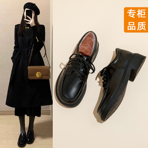 真皮乐福鞋女鞋新款2024爆款秋冬系带黑色JK洛丽塔软底单鞋小皮鞋