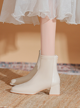 真皮白色高跟短靴女2025秋冬法式加绒保暖防滑增高粗跟瘦瘦马丁靴