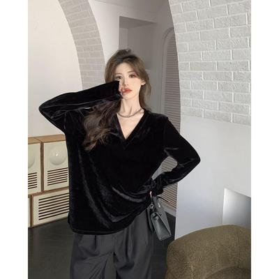 黑色v领长袖丝绒T恤女装