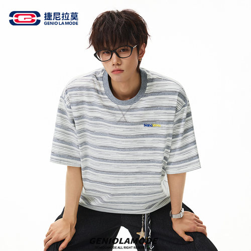 美式复古撞色条纹T恤男夏季上衣