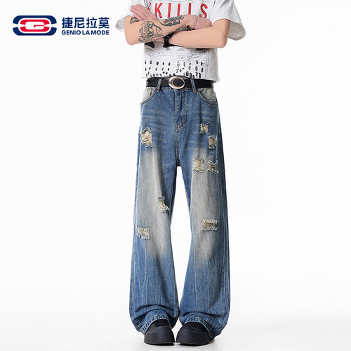 美式破洞直筒牛仔裤男女夏季薄款