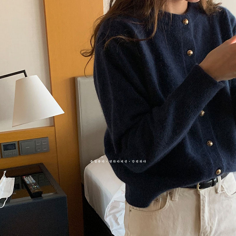 浣熊绒针织开衫女2025秋冬新款韩版宽松百搭纯色圆领毛衣外套上衣