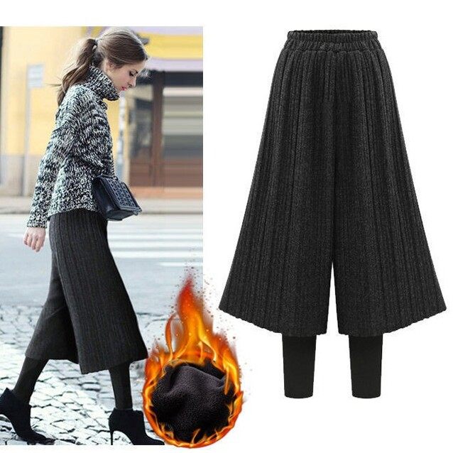 冬季新款胖mm大码女装洋气阔腿长裤子显瘦毛呢加绒假两件打底裤潮