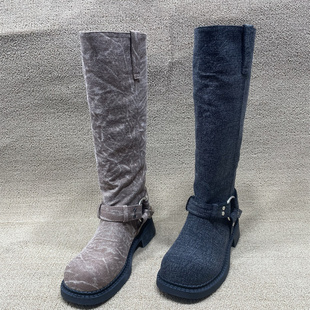断码 处理欧美风西部牛仔靴金属皮带扣长筒靴女粗跟高筒靴骑士靴女