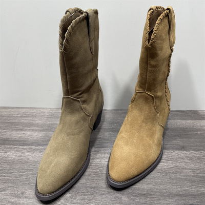 断码处理尖头西部牛仔靴女真皮