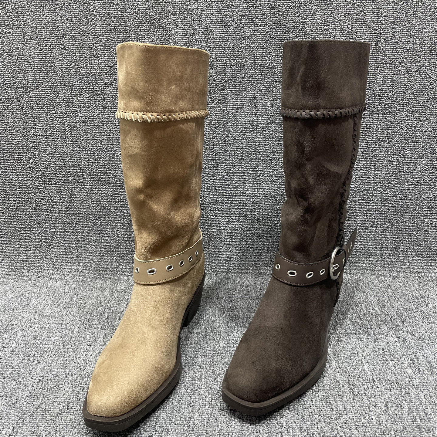 断码处理复古粗跟西部靴女秋季新款方头绒面中筒靴时尚百搭长靴女,女鞋,西部靴,淘宝优惠券,粉丝福利购,淘宝优惠卷