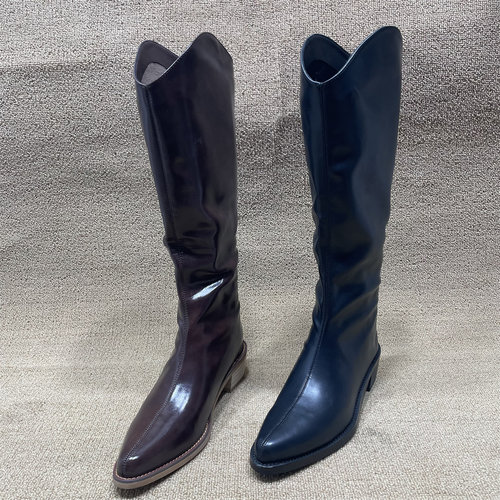 尖头时装靴粗跟后拉链长筒靴女