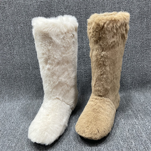 断码 欧美风圆头保暖毛绒靴子女套筒毛毛平底长筒靴女 处理加绒时尚