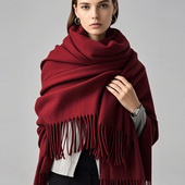 鄂尔多斯市纯山羊绒围巾冬加厚保暖大披肩女外搭高端酒红色毛毯巾