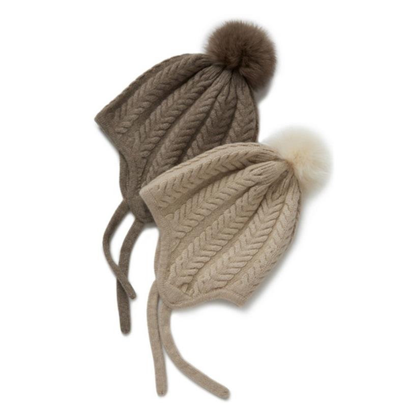 新款加厚女纯羊绒针织帽羊毛护耳系带儿童包头亲子狐狸毛球防风帽