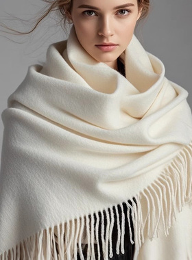 鄂尔多斯市100%纯山羊绒围巾女士纯白色冬加厚保暖大披肩高端围脖