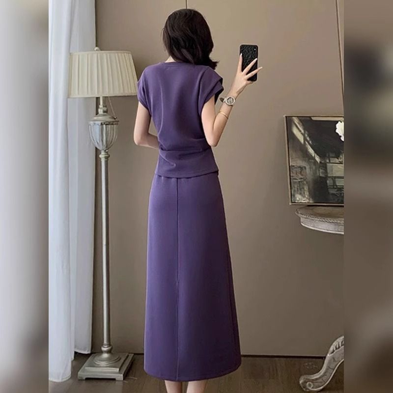 时尚气质减龄运动套装裙女夏新款紫色圆领短袖上衣半身长裙两件套