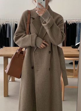 韩国复古气质简约经典大方双排扣长款呢子大衣毛呢外套