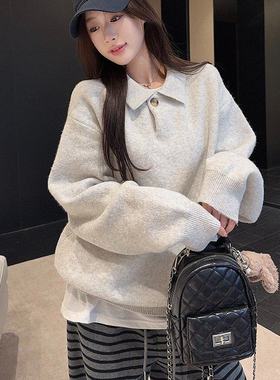 实拍包芯纱长袖针织衫女装纯色春秋宽松打底衫POLO领保暖上衣