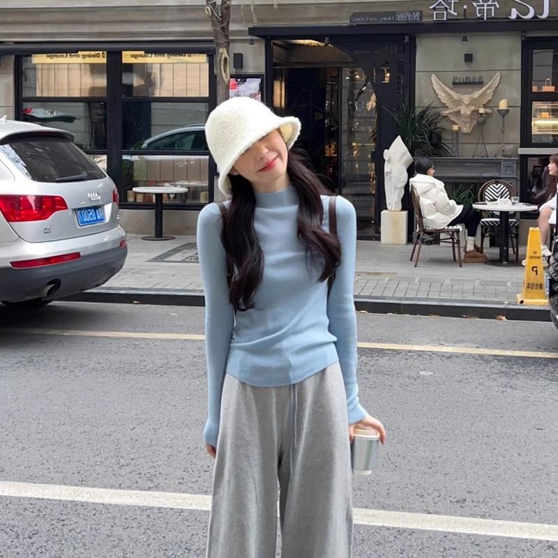 蓝色长袖内搭半高领打底衫女秋冬基础款针织衫显瘦修身洋气上衣潮
