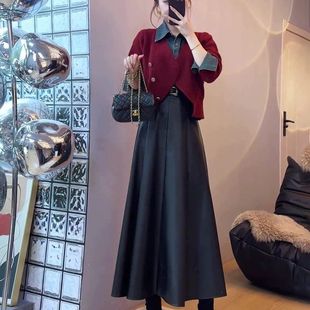 小香风套装2025新款法式复古牛仔拼接假两件针织上衣半身裙两件套