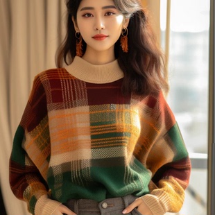 复古格子撞色半高领毛衣女秋冬2025新款欧货重工慵懒宽松针织上衣