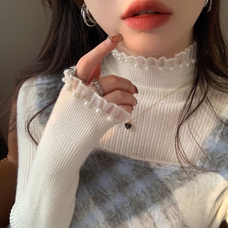蕾丝打底衫女秋冬2025新款洋气小香风内搭毛衣半高领冬季针织上衣