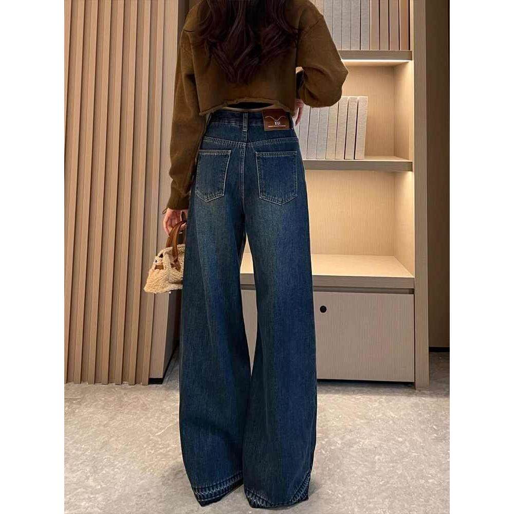 复古阔腿牛仔裤女2026春季新款胖mm大码高腰显瘦垂感直筒拖地裤子